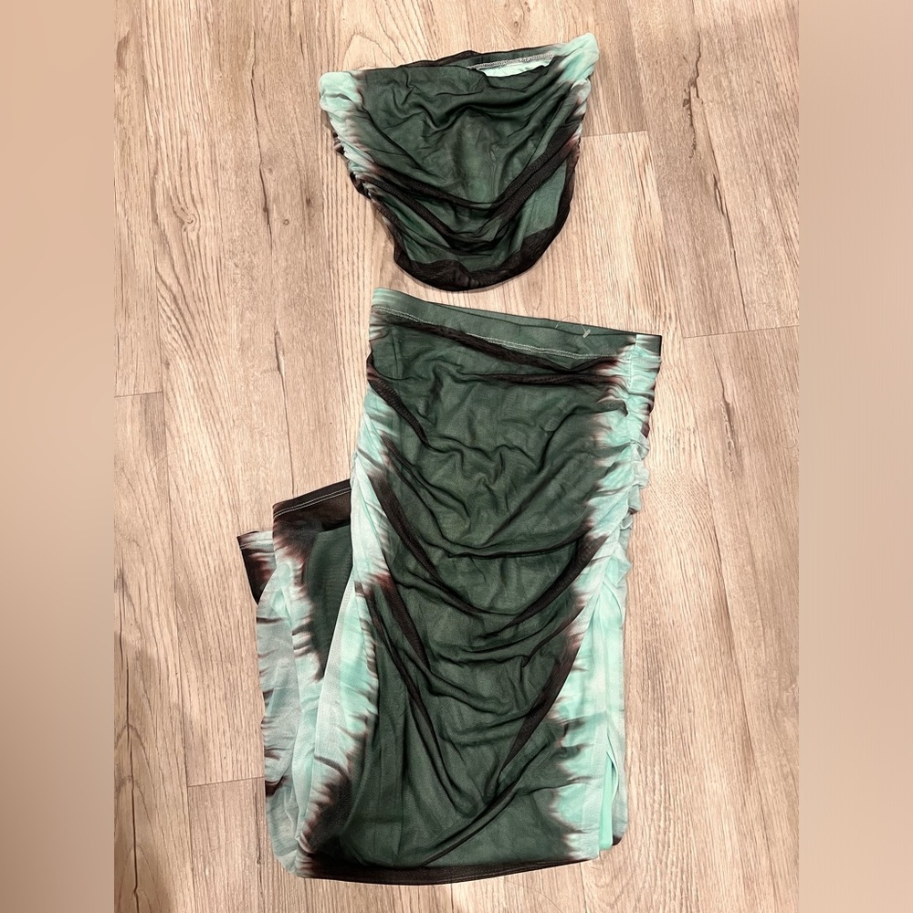 Matching tube top and skirt.